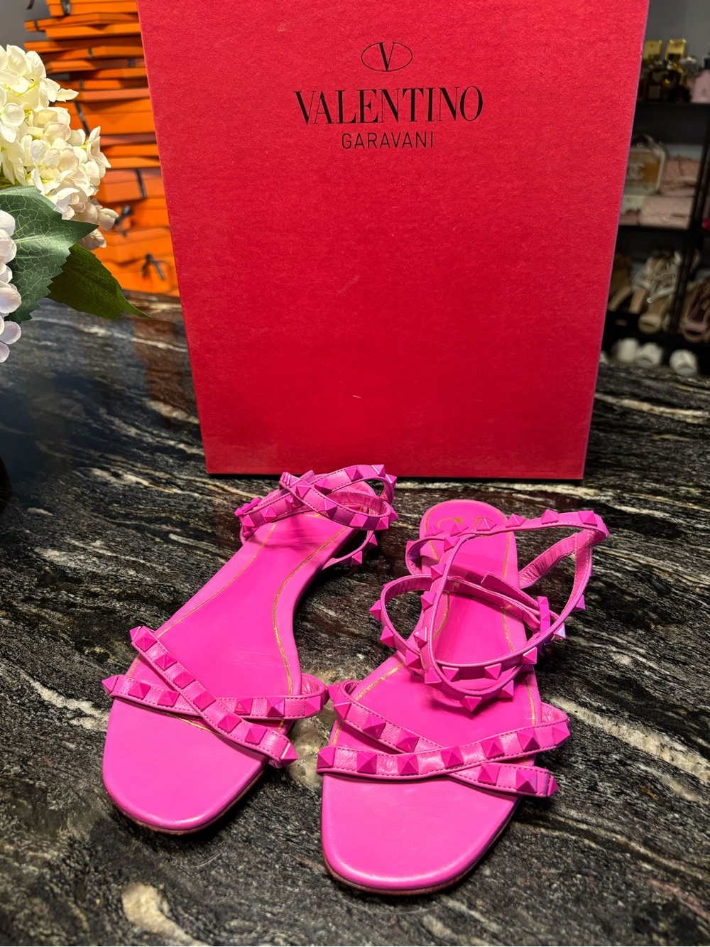 Valentino Garavani Hot Pink Rockstud Strappy Flat Sandals
